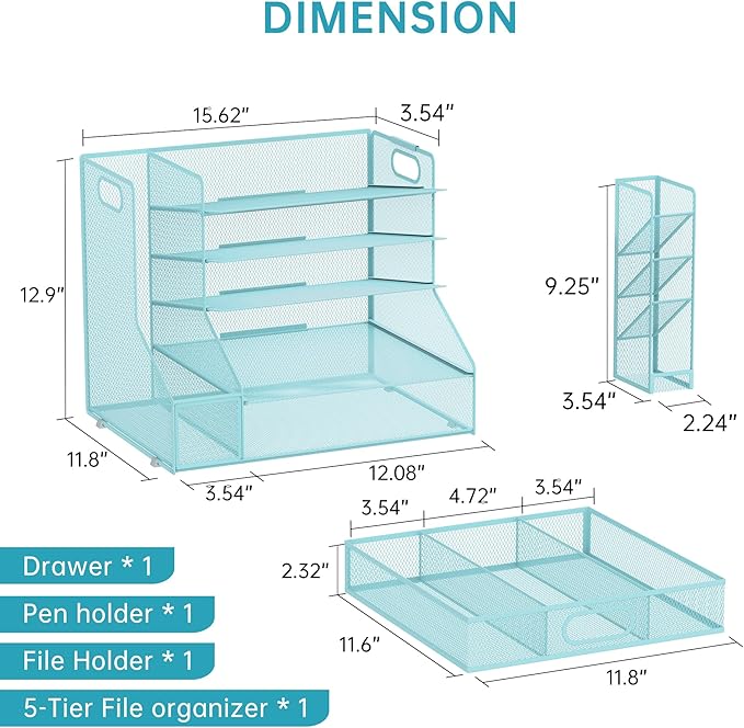 SUPEASY Desk Organizer with File Holder, 5-Tier Mesh Paper Letter Tray Organizer with Pen Holder and Drawer, Desktop Organizer and Storage with 3 Tilted File Sorter for Office Supplies, Blue