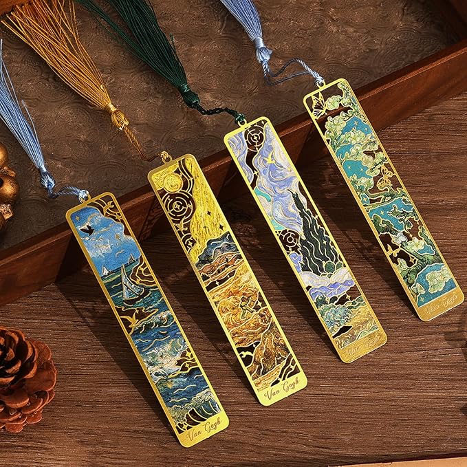 4 Pieces Metal Bookmarks with Tassel, Golden Hollow Bookmark Oil Painting Theme Book Mark Bookmarks for Book Lovers Writers Readers Children Teens for Women Adults Teen