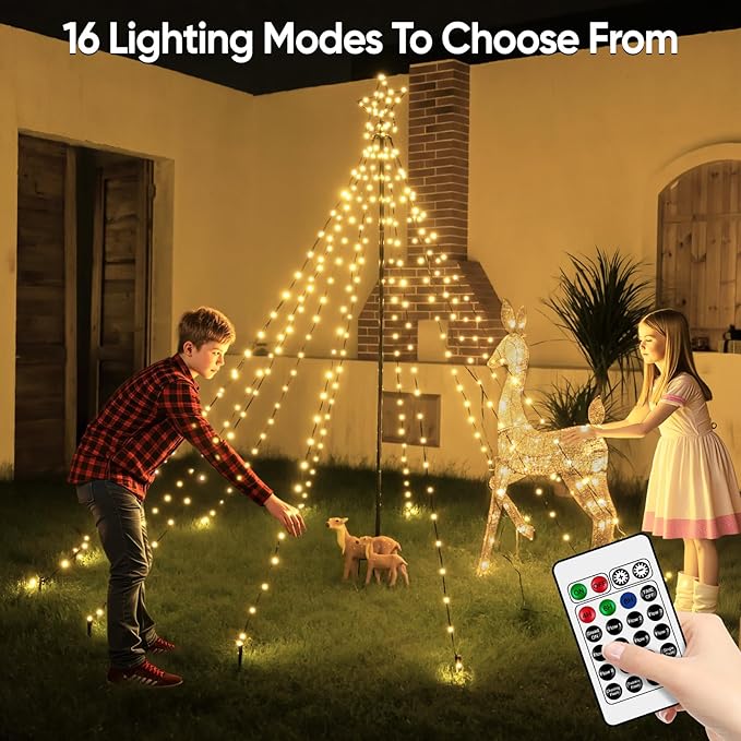 Christmas Tree Lights 340LED with Topper Star, IP67 Waterproof Remote Control Waterfall Lights with Pole, 16 Modes 3 Timers Dimmable Christmas Decorations for Outdoor Yard (Warm White)