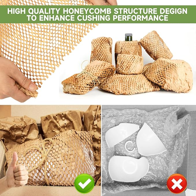 Honeycomb Packing Paper Wrap 15''x600', Substitute Alternative for Bubble Cushioning Wrap for Moving Shipping Packaging, Recyclable Moving Supplies with 48 Fragile Sticker Labels