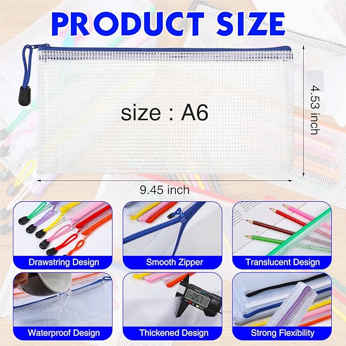 Zhehao 200 Pieces A6 Mesh Zipper Pouch Bulk Mesh Bags with Zipper Waterproof Small Pencil Pouches for School Office Supplies Organization 9.4 x 4.5 Inches(10 Assorted Colors)