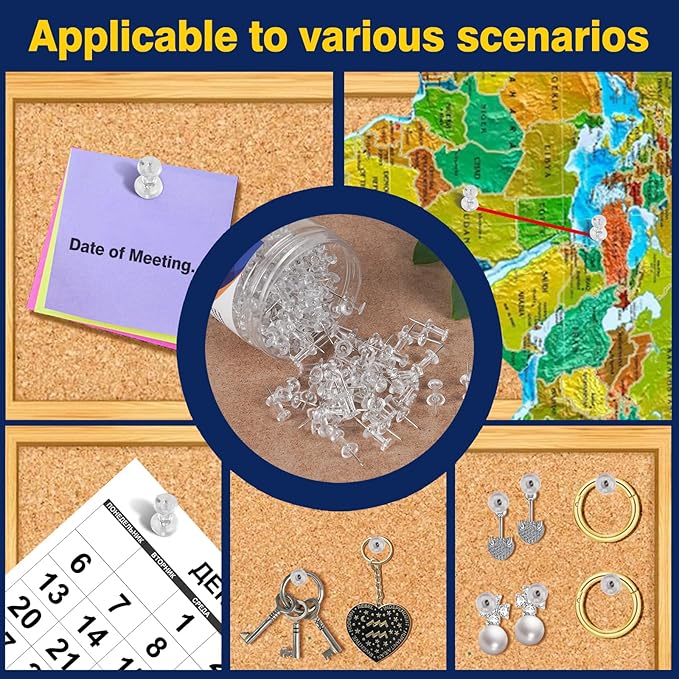 800 PCS Clear Push Pins, Standard Thumb Tacks for Bulletin Board, Steel Point and Clear Plastic Head, Pin Tacks for Wall Cork Board Maps Photos Calendar Hangings, Office School Supplies