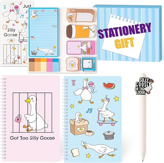 B1ykin Stationery Gift Set - 3Pcs Notebook Sticky Notes, A5 Spiral Notebooks & 550 Sheets Cute Sticky Notes with Pens Kit for Office School Teacher Thanksgiving Supplies (Funny Goose)