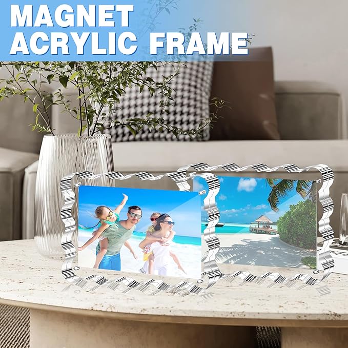 Aheroi 4x6 Acrylic Picture Frames, 3 Pack Clear Scalloped Acrylic Photo Frame Freestanding Magnetic Picture Frames for Desktop, Transparent Thickened Double Sided Picture Holder, Exclusive Shape Design