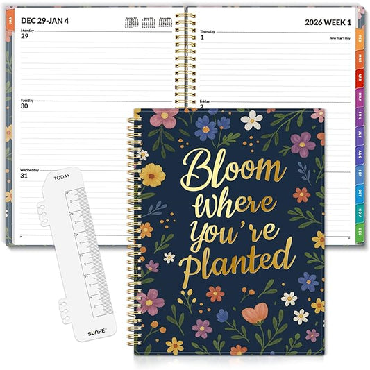 SUNEE 2026 Weekly and Monthly Planner - from January 2026 - December 2026, 8.5"x11" Daily Agenda Planner with Monthly Tab, Flexible Cover, Note Pages, Pockets, Bookmark, Spiral Binding, Navy Flower