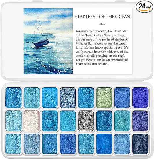 Mini Glitter Watercolor Paint Set with Paper, 24 Colors Shimmer Metallic Watercolour Painting Sets, Solid Pearl Water Color Paints for Adult, Kids, Blue 1ml Trial Pack(Heartbeat of the Ocean)