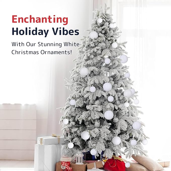 Prextex 36 Piece White Christmas Ornaments and Balls - White Ornament Set with 3 Sizes and 6 Styles - Shatterproof Christmas Ornaments for Tree, Wreath, and Holiday Decor for Indoor or Outdoor Display