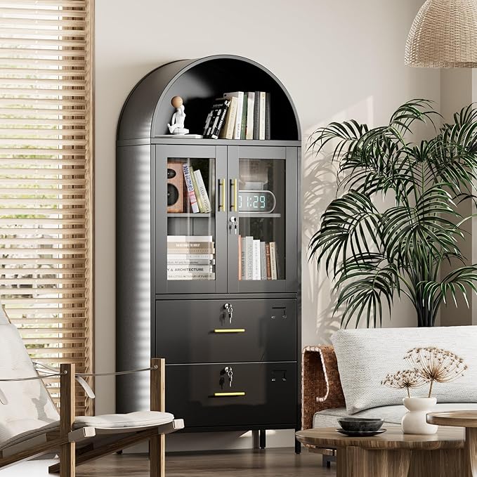Tall Metal Arch Cabinet, Filing Cabinet for Home Office, Black Arched Bookcase with Locking Glass Doors and Drawers(Assemble Required)