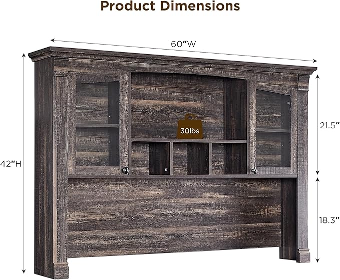 OKD Farmhouse Hutch for 60" Executive Desk, Office Desk Storage Cabinet with Glass Doors and Shelves, Top Hutch Organizer for Home Office - Dark Rustic Oak