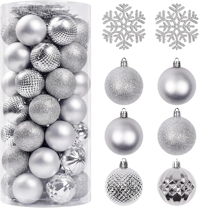 Christmas Tree Decorations Ornament Set, 60ct 2.36 Inches Silver Shatterproof Christmas Ball Ornaments, Hanging Ball for Xmas Holiday Wedding Party Decor