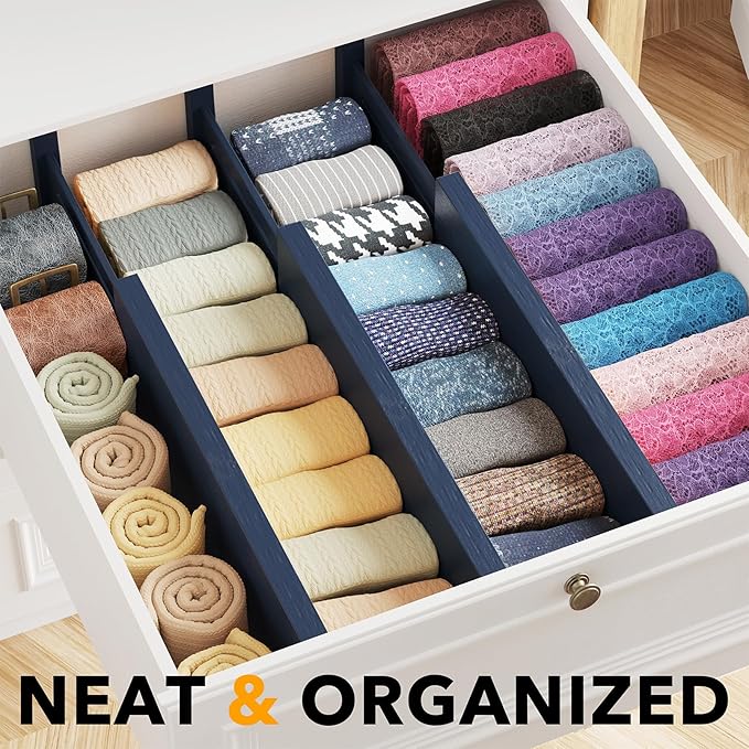 SpaceAid Bamboo Dresser Drawer Dividers 6 Pack, 4.65“ High Adjustable 12.5“-17” Drawer Organizers, Expandable Organization for Clothing, Clothes, Dressers, Navy Blue