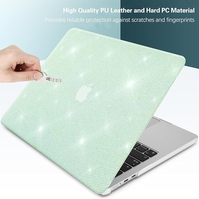 KEROM Bling Glitter Case for MacBook Air 13 inch 2022-2018 M1 A2337 A2179 A1932, MacBook Air M1 Case, Luxury Bedazzled Shiny Sparkle PU Leather Hard Shell & Keyboard Cover for Mac Air 13 M1, Green