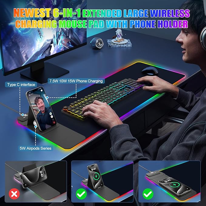 Mouse Pad with Foldable Phone Holder & Wireless Charger, XL RGB Gaming Mousepad 31.5"x11.8" Large Desk Mat for Keyboard, Home Desk Pad with Dual Qi Charging Station | 11 Colors & 5 Modes | Waterproof