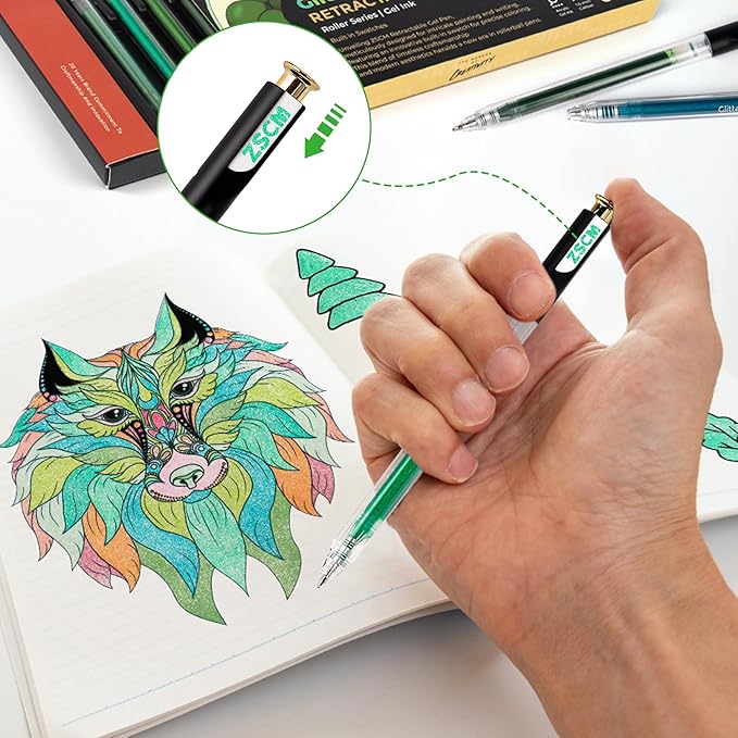 Retractable Glitter Gel Pens, 12 Colors Large Capacity Green Glitter Metallic Gel Ink Pen, 1 mm Fine Point Smooth Writing Color Pens for Adult Coloring Book Note Taking Aesthetic Art Supplies
