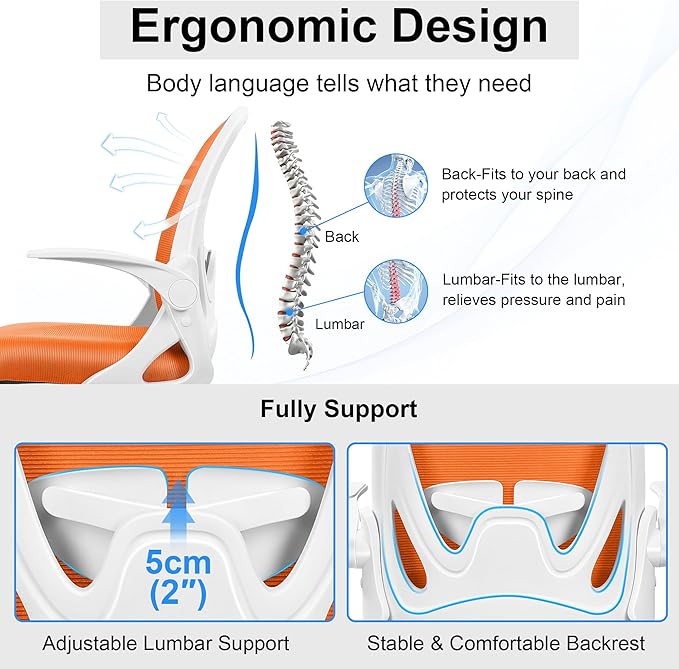 Primy Drafting Chair Tall Office Chair with Flip-up Armrests Executive Ergonomic Computer Standing Desk Chair with Lumbar Support and Adjustable Footrest Ring (Sunset Orange)
