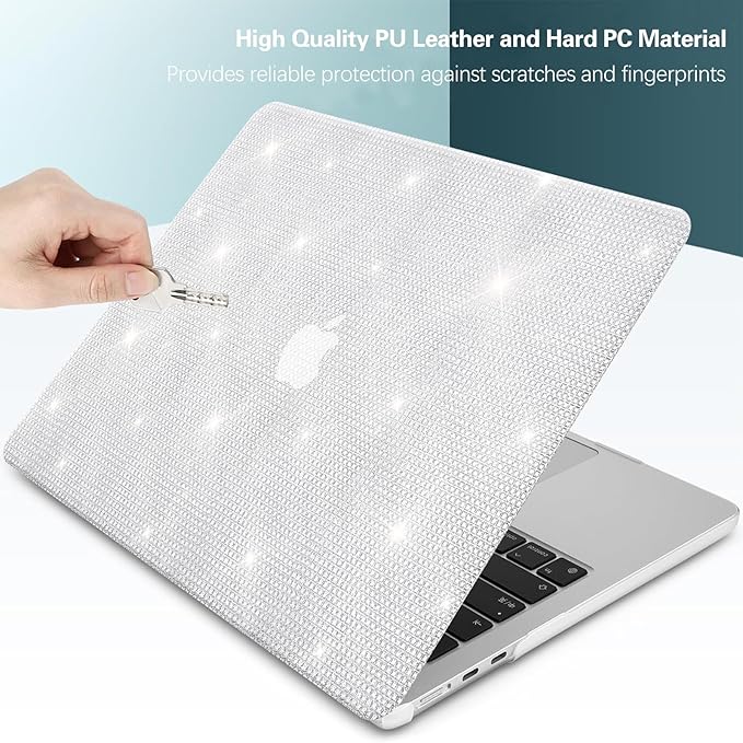 KEROM Bling Glitter Case for MacBook Pro 16 inch 2024-2021 M4 M3 M2 M1 Pro/Max Chip A3403 A3186 A2991 A2780 A2485, Luxury Bedazzled Shiny Sparkle PU Leather Hard Shell Case & Keyboard Cover, Silver
