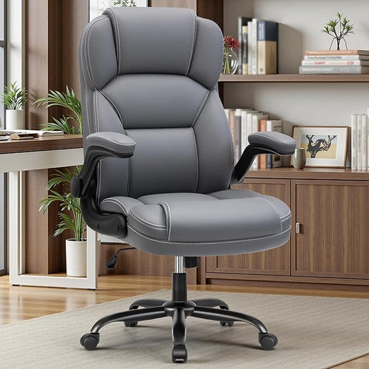 PU Leather Executive Office Chair, Ergonomic High-Back Computer & Gaming Chair with Adjustable Height, Rolling Swivel & Flip-Up Armrests, Comfy Padded Seat for Home Office-Gray