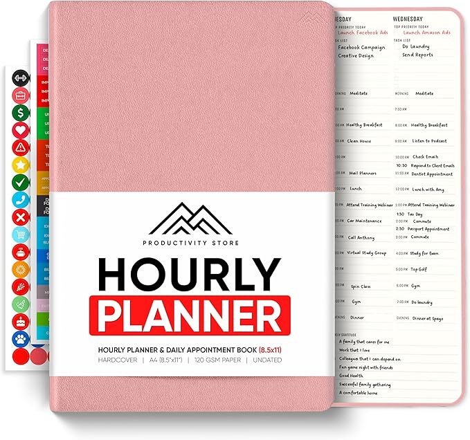 Hourly Planner & Appointment Book (8.5” x 11”) - Premium Hourly Planner with Daily Schedule & 30-Minute Time Slots for Better Time Management by PRODUCTIVITY STORE (A4, Pink)