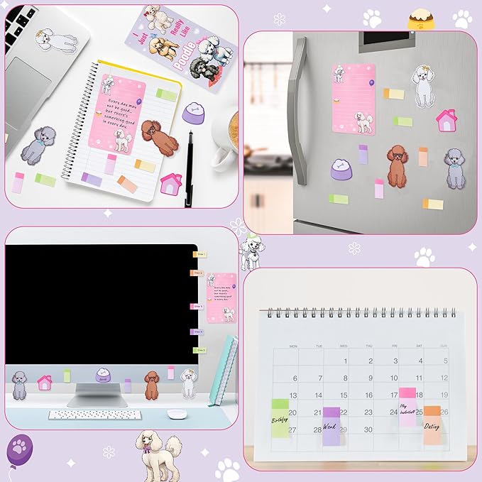 Xqumoi I Just Really Like Poodle Sticky Notes Set, 550 Sheets, Cute Cartoon Poodle Self-Stick Notes Pads Animal Divider Tabs Bundle Writing Memo Pads Page Marker Back to School Office Supplies Gift