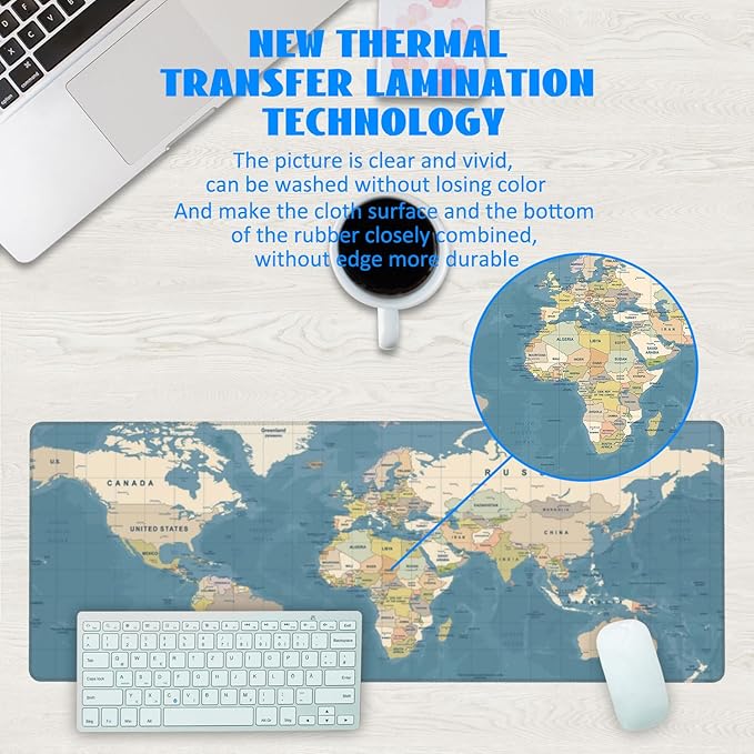 Desk Mat, Blue Vintage World Map Extended Gaming Mouse Pad Large, 31.5"x11.8" Big Mouse Pad with Non-Slip Base and Stitched Edge, Long Computer Keyboard Mouse Mat for Home Office Work