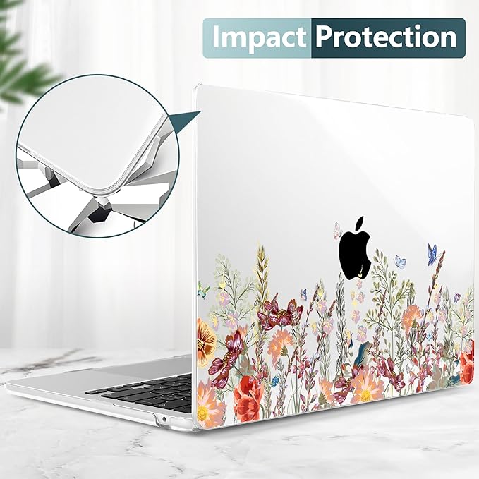 DONGKE Compatible with M4 MacBook Air 15 inch Case 2025 2024 2023 A3241 A3114 A2941 M3 M2 Liquid Retina Display Touch ID, Plastic Hard Case & Keyboard Skin & Screen Protector - Floral Illustration