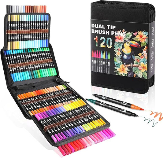 Double Brush Marker Pens, 120 Colors Art Markers Set with Fine Tip and Brush Tip for Kids Adult Coloring Book Hand Lettering Calligraphy Drawing Art Supplies Kit