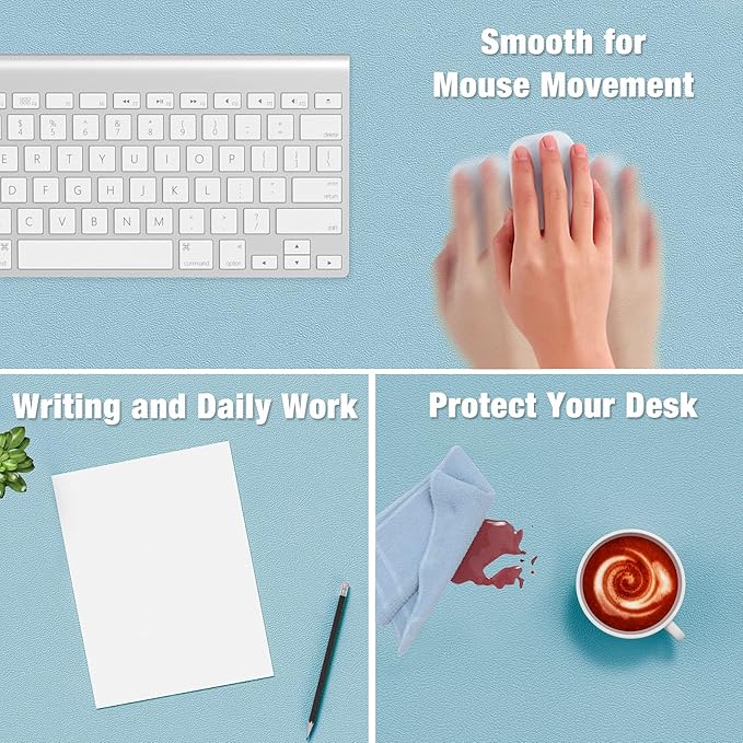 Hsurbtra Desk Pad, 23.6" x 13.8" PU Leather Desk Mat, M Extended Mouse Pad, Waterproof Desktop Blotter Protector, Non-Slip Ultra Thin Small Laptop Keyboard Writing Mat for Office Home, Lake Blue