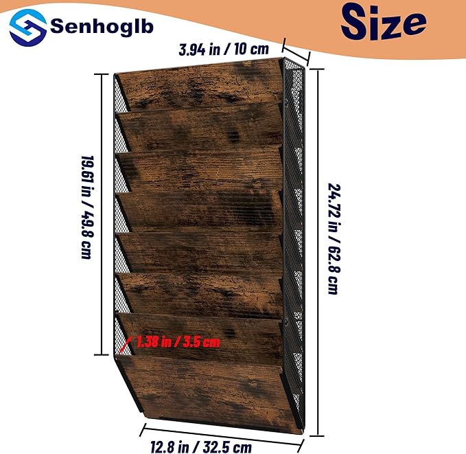 Metal Wall File Folder Organizer, 8-Tier Mesh Hanging Wall File Organizer, Magazine Rack With Pockets, Wood Document Holder for Office Home, Brown