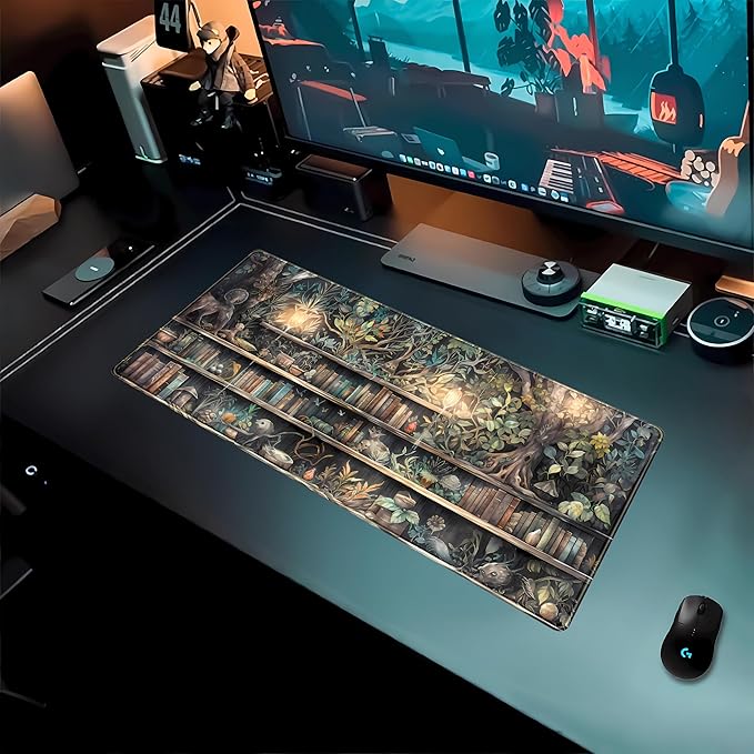 Kawaii Green Tree Desk Mat Cute Mouse Pad Anime Forest Library Book Mousepad XL Large Extended Gaming Desk Matt for Desktop, Keyboard and Mouse Mat for Women Office Decor Accessories 31.5x11.8 in