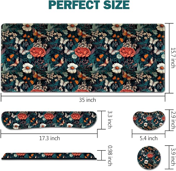 AIMSA XXL Large Gaming Mouse Pad Set with Wrist Rest, Retro Floral Butterfly Pattern, Multicolor, Fabric, Memory Foam, 4 in 1 Combo, Ultra-smooth, Non-slip, Stitched Edges