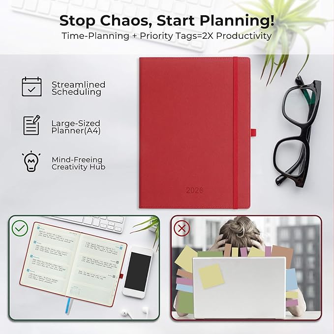 Weekly Monthly 2026 Planner (Jan.26-Dec.26),11.5"x8.5",12 Months Agenda Plan with Month Tabs & Pocket,Expenses/Note Pages, Appointment Book Calendar with Hardcover Vegan Leather Cover,Red