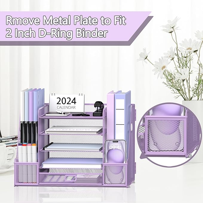 SUPEASY Mesh Desk Organizer with File Holder, 5-Tier Paper Letter Tray Organizer with Magazine Holder, Desktop Organizer and Storage with Drawer for Office Supplies Home or School, Purple