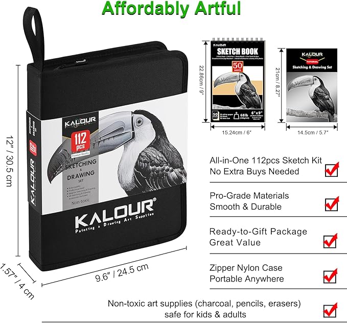 112 Drawing Set Sketch Kit, Pro Art Supplies with 3-Color Sketchbook, Graphite, Charcoal Pencils, Art Drawing Kit for Artists Adults Teens Beginners, Ideal for Shading & Blending