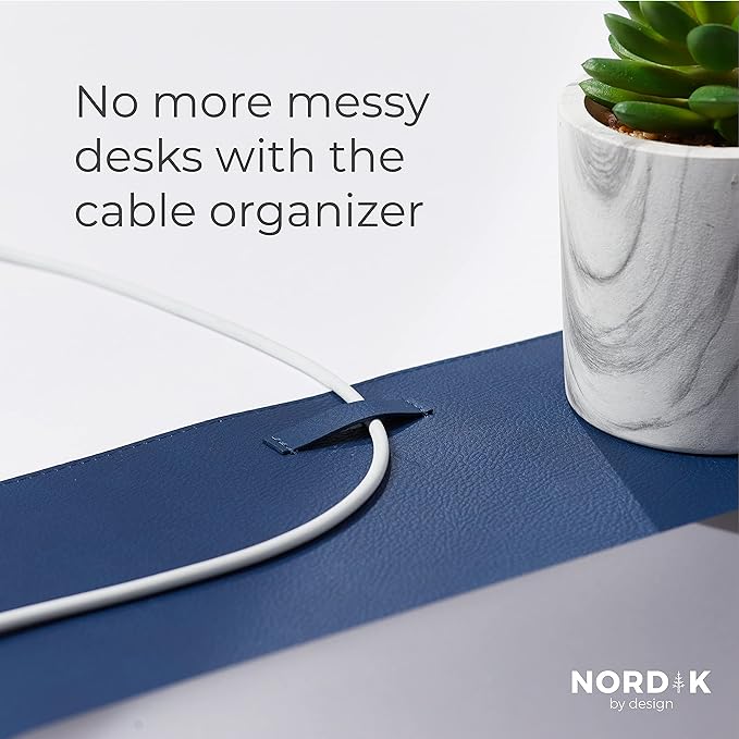 Nordik Leather Desk Mat Cable Organizer (Midnight Blue 35 x 17 inch) Premium Extended Mouse Mat for Home Office Accessories - Felt Vegan Large Leather Desk Pad Protector & Desk Blotter Pads Decor