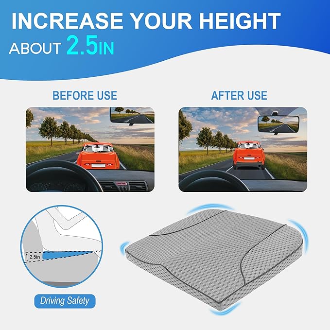Car Seat Cushion, Comfortable Memory Foam Seat Pillow for Driving, Sciatica-Back Pain Relief, Cushion for Car-Truck, Office, Wheelchair - Mesh Gray