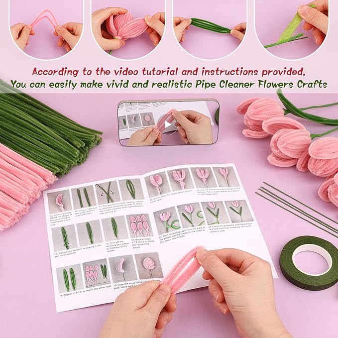 Pipe Cleaner Flowers Pink Pipe Cleaners Set Chenille Stems Green Pipe Cleaner Flower Kit Pipe Cleaners Bulk with Floral Wire Instructions for DIY Art and Craft Projects Creative(10 Flowers)