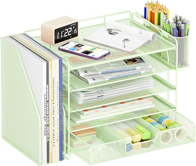 Desk Organizers and Accessories, 5-Tier Paper File Organizer with Drawer & Pen Holder, Office Desk Accessories Workspace Desktop Organizer for Office Supplies((Green)