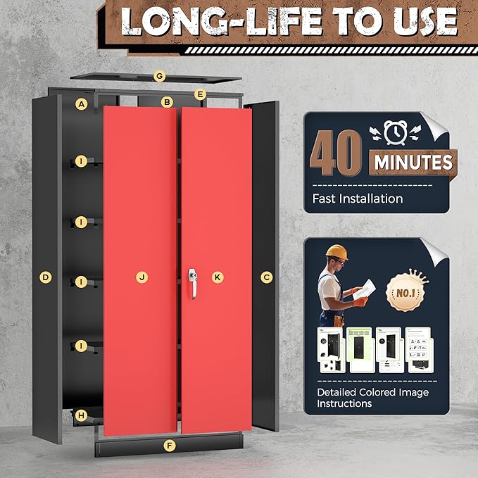 INTERGREAT Metal Lockable Storage Cabinet, 72” H Storage Cabinet with 2 Doors and 4 Adjustable Shelves for Office, Home, Garage, Pantry (Assembly Required, 18”D, Black Red)