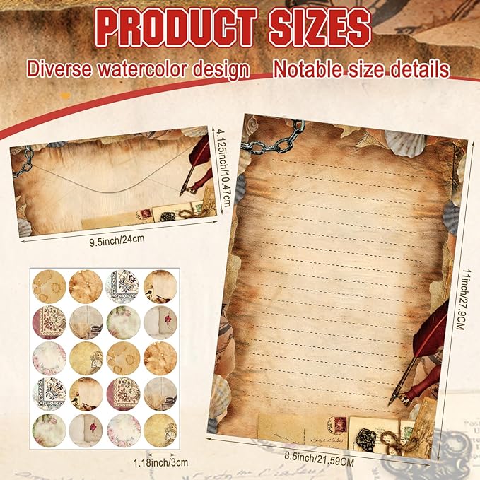 TaoBary 160 Pcs Stationery Paper Set 50 Double Sided Stationery Papers with 50 Matching Envelopes and 60 Round Dot Sticker, 10 Design(Lace Edged Scrapbook,8.5 x 11 Inch)