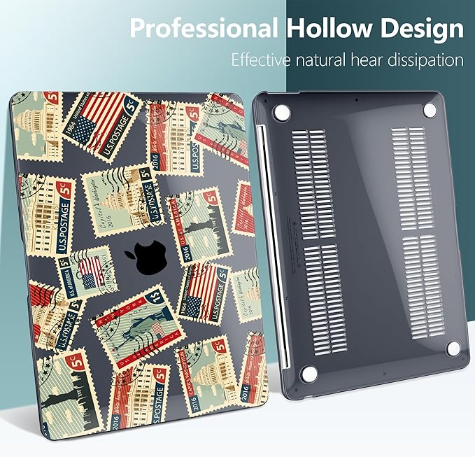 DONGKE for MacBook Air 13 Inch Case 2021-2018, Compatible with A2337 M1 A2179 A1932 Support Retina Display & Touch ID, Hard Shell Plastic Cover with Keyboard Skin - Classic Stamps