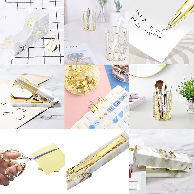 Gold Marble Desk Accessories, Office Supplies Set Stapler Set Staple Remover, Tape Holder, Pen Holder, 2 Ballpoint Pen, Scissor, Binder Clips, Paper Clips and 1000pcs Staples.