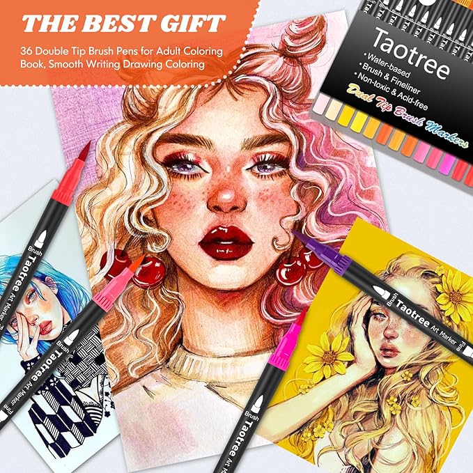 Taotree 36 Colors Dual Tip Art Markers Pens for Kids Adult Coloring Books, Artist Fine & Brush Tip Coloring Marker Drawing Pens for Journaling Note Taking Lettering Calligraphy Craft Art Supplies Set
