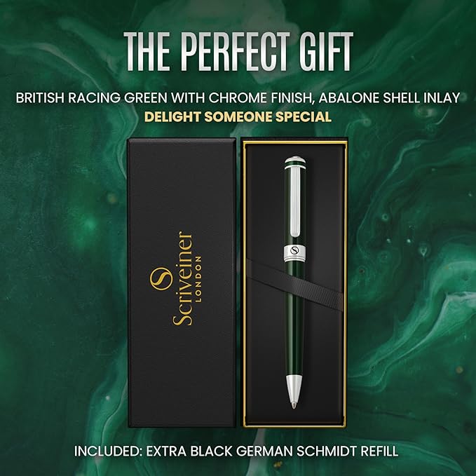 Scriveiner Green Ballpoint Pen - Stunning British Racing Green Luxury Pen, Chrome Finish, Schmidt Black Refill, Best Ball Pen Gift Set for Men & Women, Professional Executive Office, Nice Designer Pen