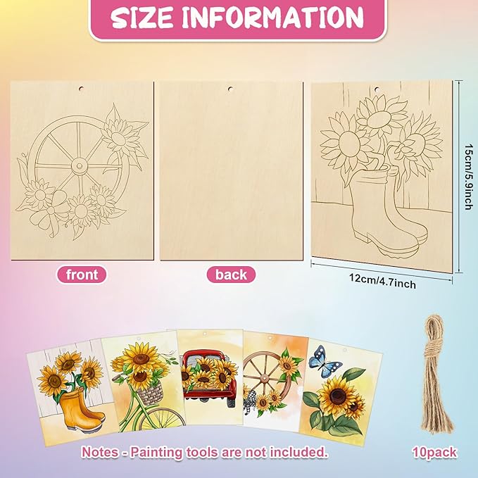 COCHIE 10 Pieces Large Sunflowers Unfinished Wood Crafts to Paint for Adults and Kids, Bulk Predrilled Wooden Ornaments for Painting, Summer Sunflower Paintable Wood Slices Craft Supplies with Ropes
