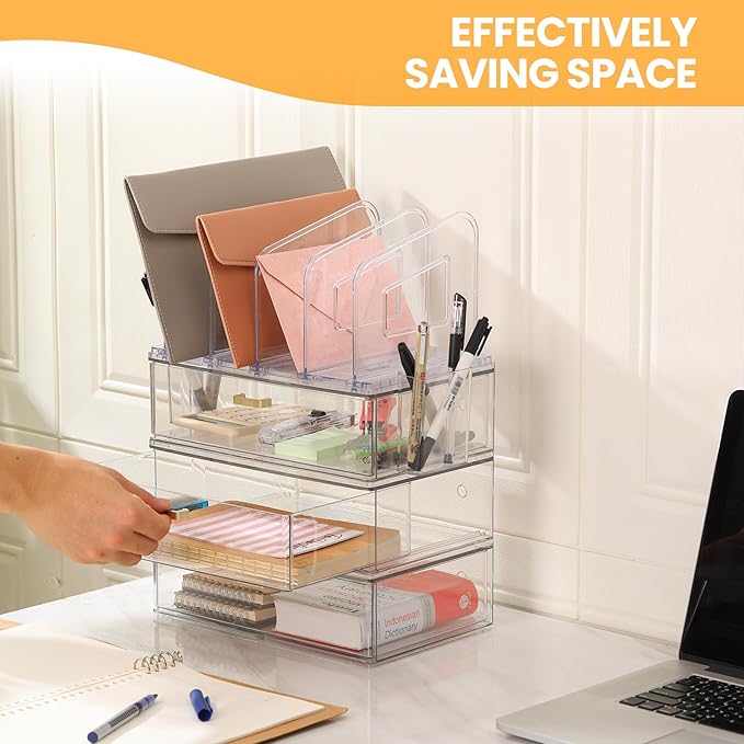 Acrylic Desk Organizer Set, 3 Pack Stackable Desktop Drawer Organizer with 4 Vertical File Holders and 2 Pen Holders, Desk Organizers and Accessories for Home Office Storage
