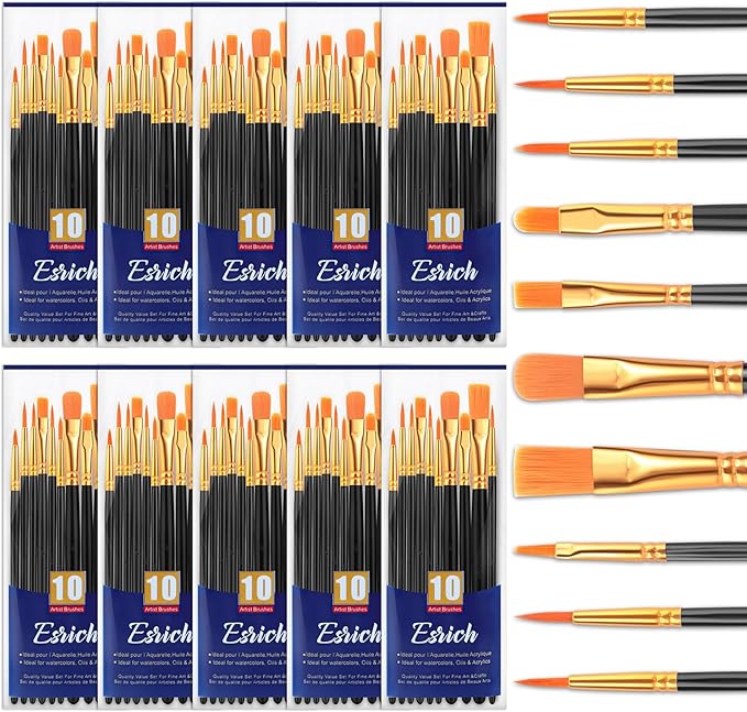ESRICH Acrylic Paint Brushes Set, 10 Packs/ 100 Pcs Watercolor Brushes,Nylon Brush Head, for Oil Painting, Gouache, Face,Ceramics etc, Kid's and Adults Painting Arts and Crafts Paint Sets.