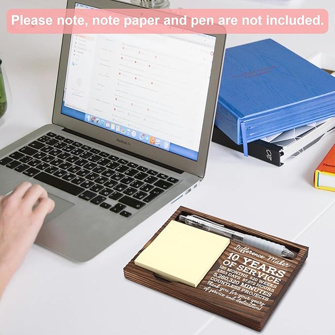 10th Work Anniversary Appreciation Gifts, 10 Year Work Anniversary Thank You Gifts, Sticky Note Holder, Post-it Note Dispenser for Desk, Wooden Post-it Note & Pen Holder 6.5" x 4.7" - FTA113