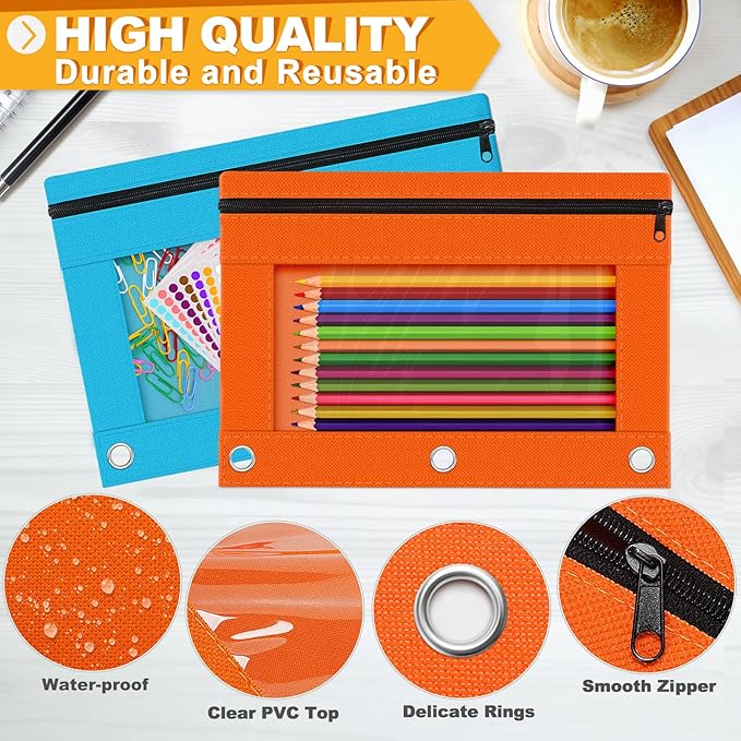 Officygnet 3 Ring Pencil Pouch, 36 Packs Bulk Zipper Pencil Case in 6 Colors, Pencil Pouches with Clear Window for Storing School Office Supplies, Cloth Pencil Bag for 3 Hole Binder
