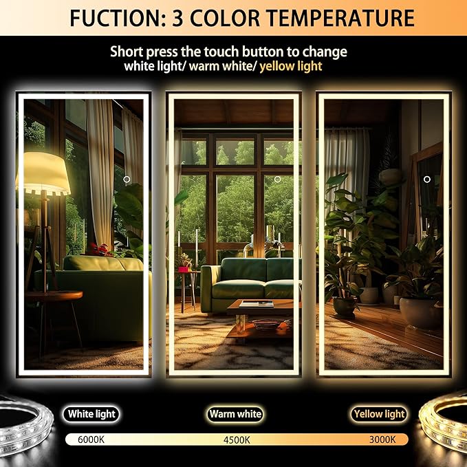 Hasipu Full Length Mirror with Lights, 71" x 32" LED Lighted Floor Standing, Full Body Dressing Hanging Mounted Mirror, Dimmable, Tempered Glass, Safe to Use, Square Black