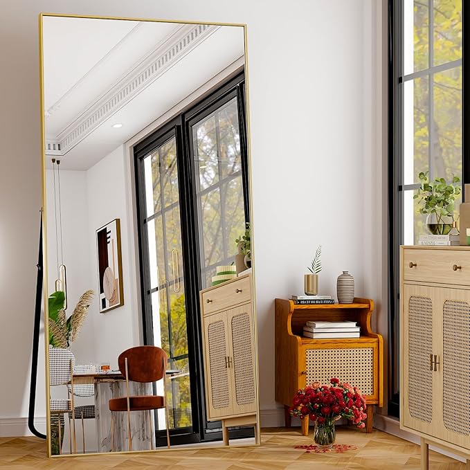 GLSLAND 76"x34" Full Length Mirror Extra Large Hanging or Leaning Rectangle Mirror Aluminum Alloy Thin Frame Bedroom Floor Dressing,Gold
